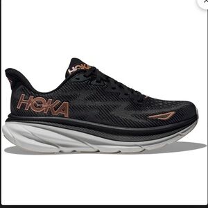 Hoka clifton 9 women's black and rose gold running shoes - size 7.5